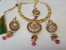 Indian Jewelry Set- Gold and Pink- Necklace, Earrings, and Tikka