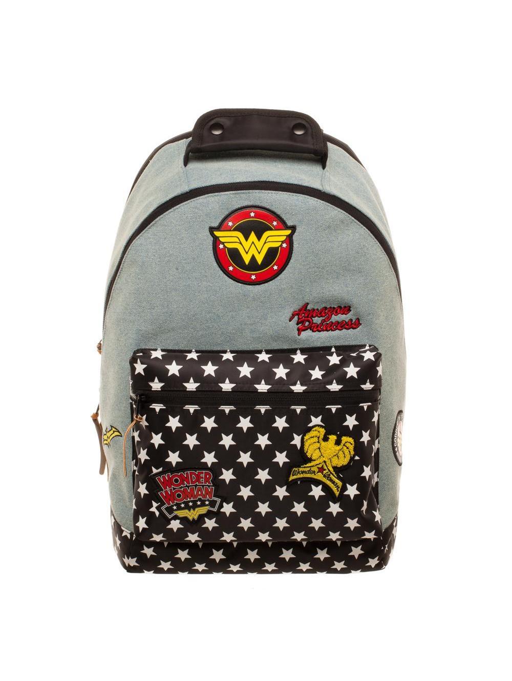 OFFICIAL DC COMICS WONDER WOMAN PATCHES AND STARS DENIM BACKPACK BAG
