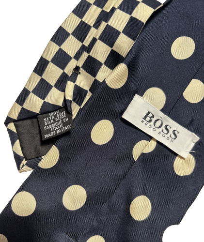 Hugo Boss 100% Silk men's tie Beige circles & squares on Black 57x3.75" - Picture 3 of 5