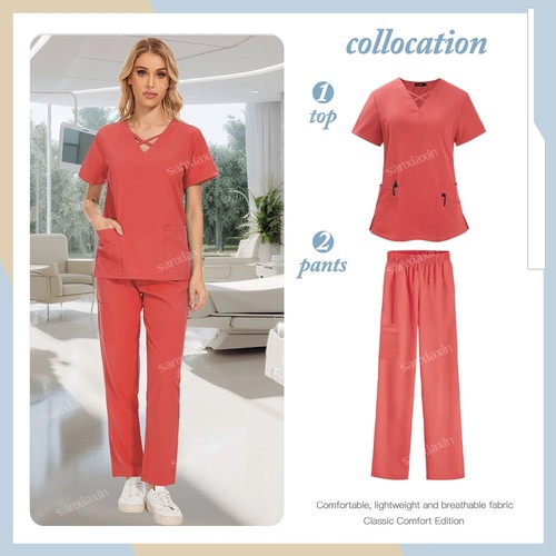 Medical Uniforms Nurse Beauty Salon Workwear Tops Pants Doctor Woman Scrubs Sets - Picture 20 of 32