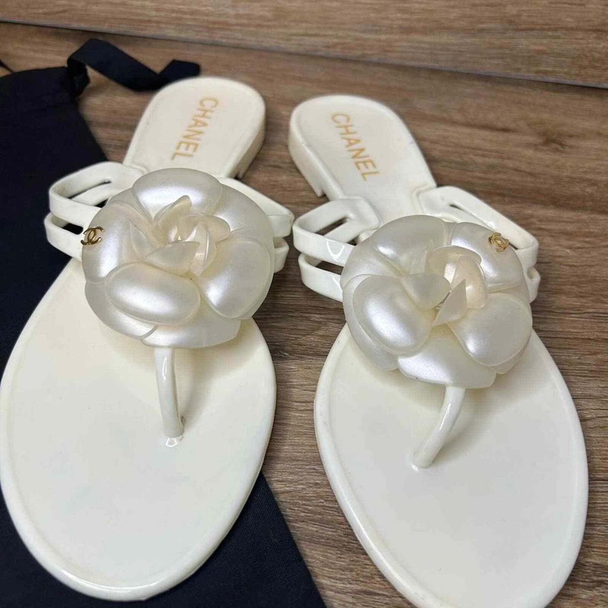 Chanel Cream Jelly CC Camellia Flower Thong Sandals Size 37 or 6
