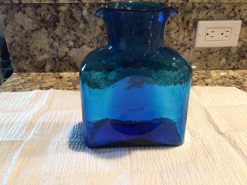 Blenko Double Spout Vintage Cobalt Blue Glass Water Pitcher Carafe 8"