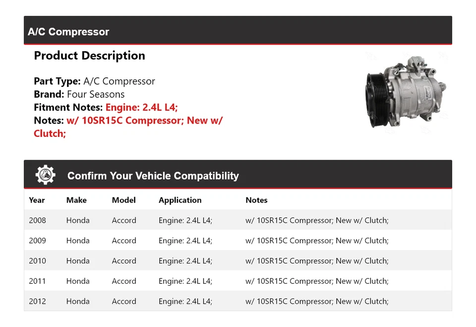 Compressor A/C Honda Accord 2.4L L4 2008-2012 4 estações 2009 2010 2011 - Imagem 2 de 4