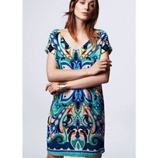 Maeve Anthropologie Green Blue Medallion Print V-Neck Shift Dress XS