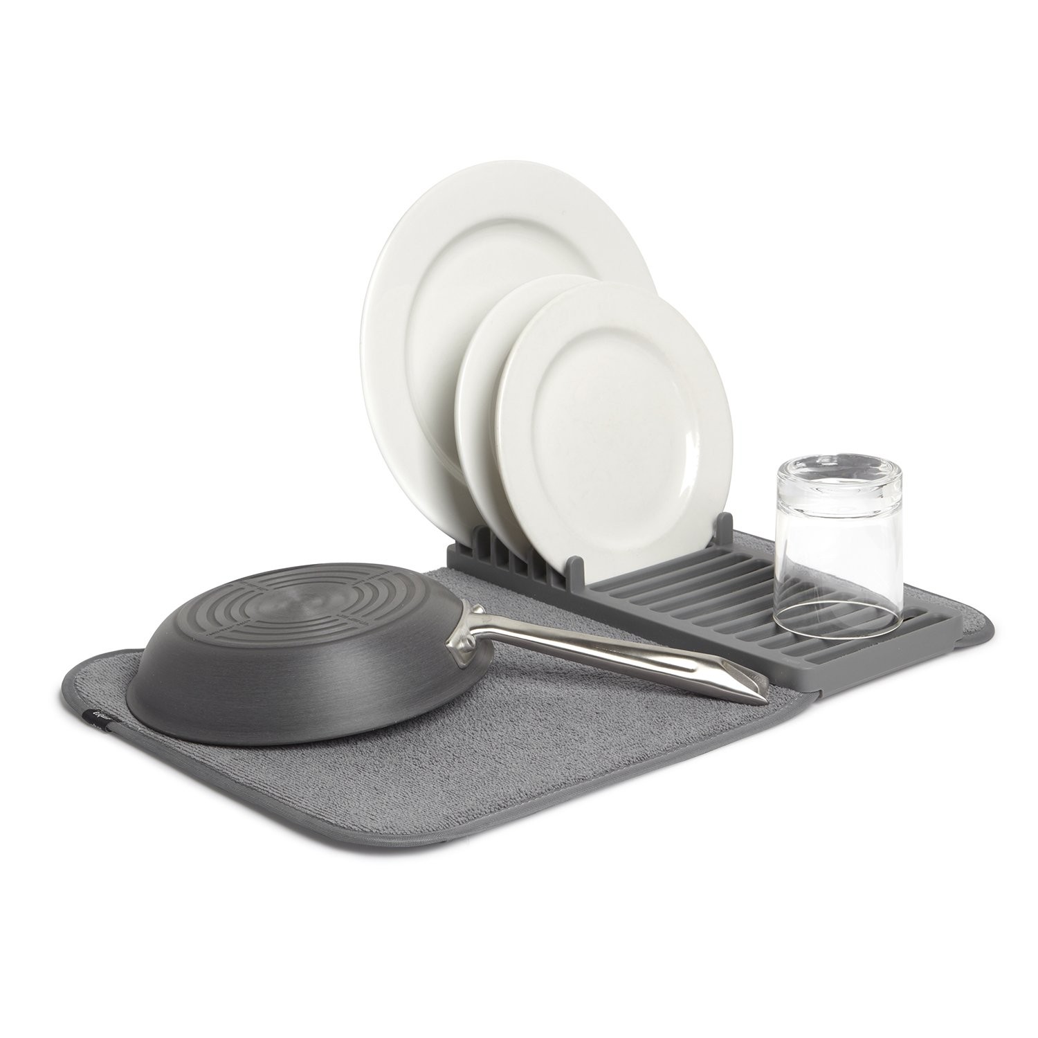 Umbra Udry Dish Rack and Microfiber Drying Mat – Space-Saving 20" x 13", Gray