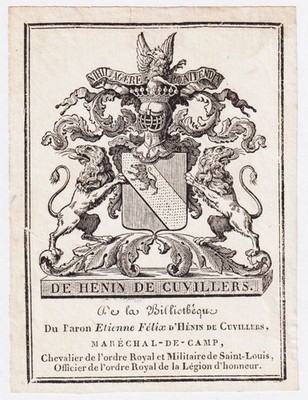 Exlibris Henin De Cuvillers Champagne Militaire Blason Bookplate Gravure 19E