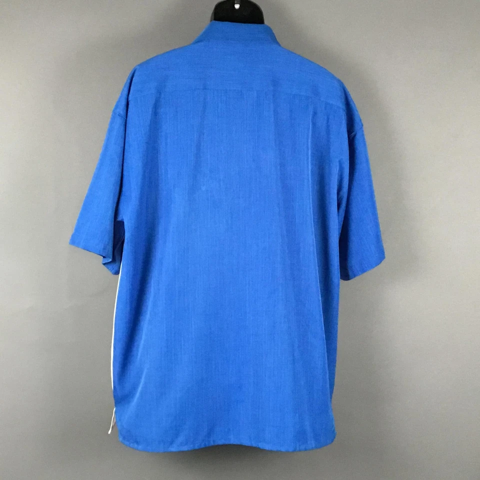 Camisa Montique Para Hombres 2XL Azul Blanco Bowling Camp Botón Frontal Raya Vertical Foto 2 de 4