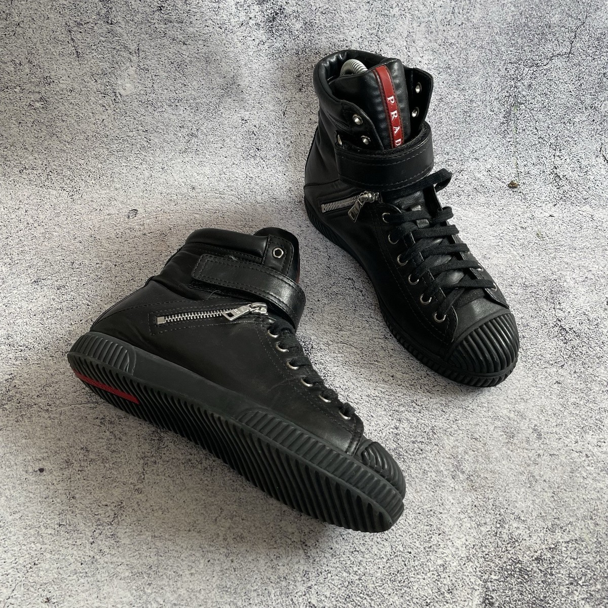 Prada High Top Sneakers Double Zip Black Hi Shoes Vintage
