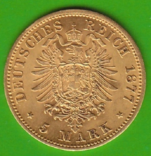 Moneda de oro Hamburgo 5 marcos 1877 mejor que Vz muy bonita nswleipzig Foto 2 de 3
