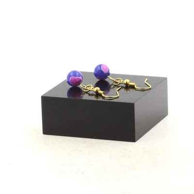 Boucles D'oreilles 1 Perle Agate veines de Dragon fuchsia et bleu 8 mm Fabriqué - Photo 1/2