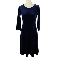 Lands End Women XS Blue Velvet Midi Dress 3/4 Sleeve Party Whimsygoth Fairy