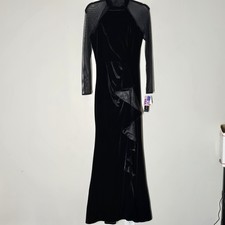 Betsy  Adam Black Velvet Mesh Illusion Sleeve Gown Dress Size 4 Ruffle Front