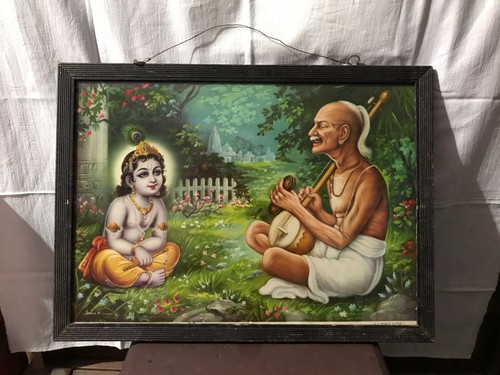Vintage Old Hindu Temple Religious Print Guru Teaching Kid Lord Krishna A-97 - Picture 2 of 7