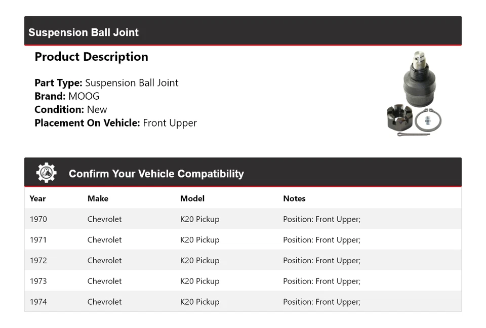 For 1970-1974 Chevrolet K20 Pickup Suspension Ball Joint Front Upper MOOG 1970 - Image 2 of 4