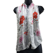 Jones New York Women's Silk Scarf Silver White Sheer Floral 10/50"