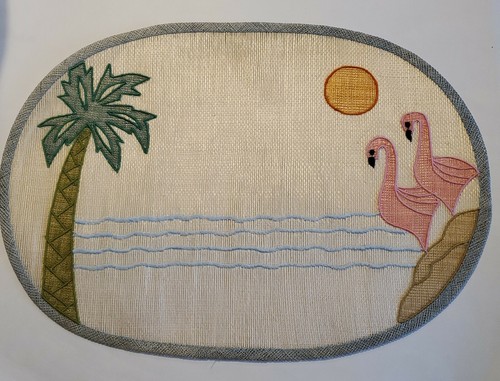 Tischsets Paar Mid Century Gewebt Stroh Tropisch Rosa Flamingo Palmen Eule - Bild 6 von 9
