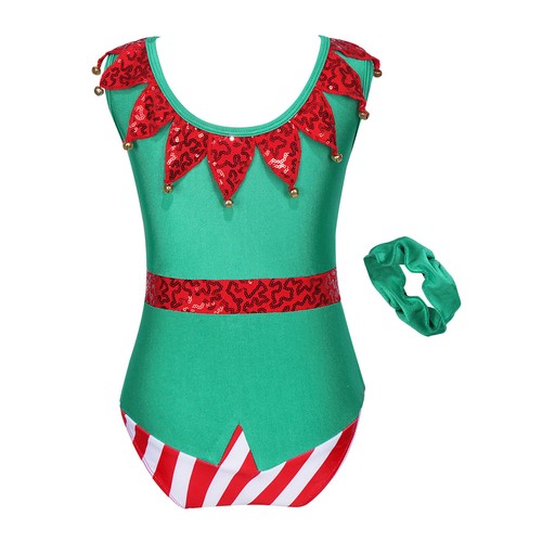 Kids Girls Christmas Dress Up Theme Party Elf Costume Sequin Bodysuit Outfits - Picture 18 of 35
