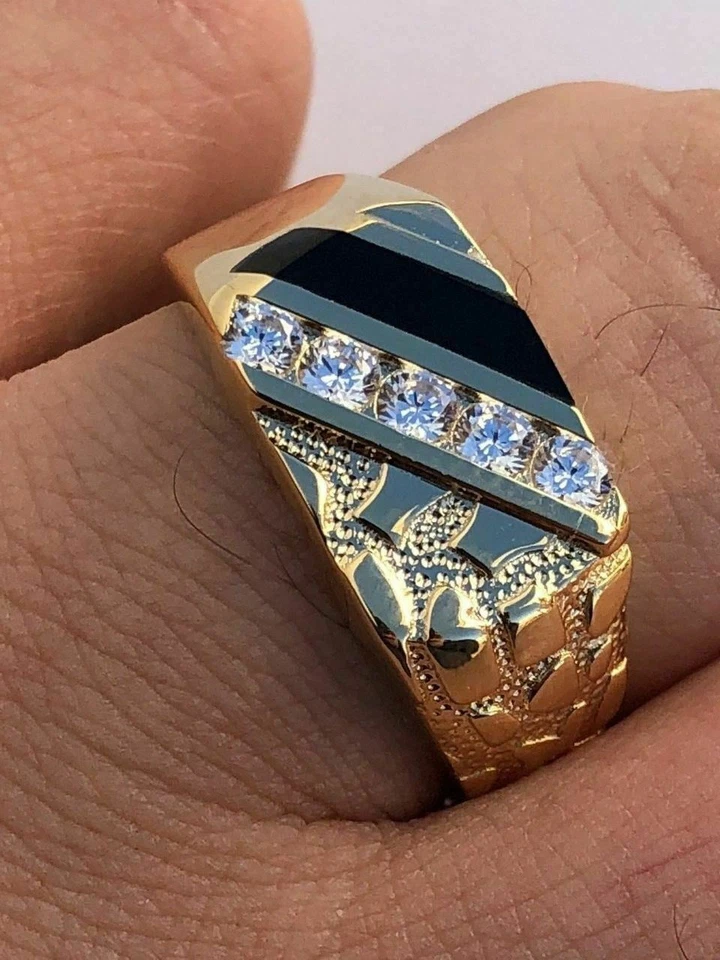 Anillo Hip Hop Chapado en Oro 14k Plata 925 Pepita Ónix Negro Diamante Simulado Helado Foto 3 de 4