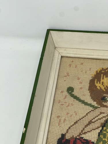 Needlepoint True Vintage 60s Framed Girl Complete 21” X 9” - Picture 7 of 24
