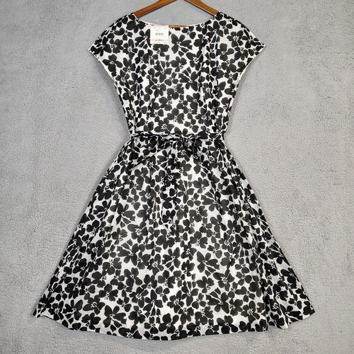 Anne Klein Dress Womens 10 White Black Floral Cap Sleeve Fit & Flare Prairie NWT