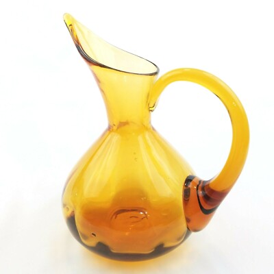 Amber Honey Handled Pitcher Carafe Vintage 1960s MCM Hand-Blown 