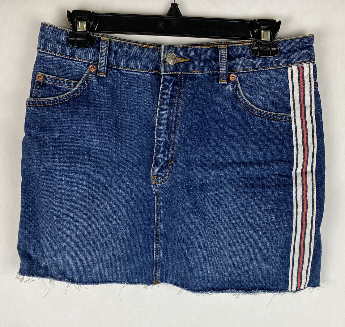Topshop Womens Skirt Blue Mini A Line Denim Striped 100% Cotton Pockets