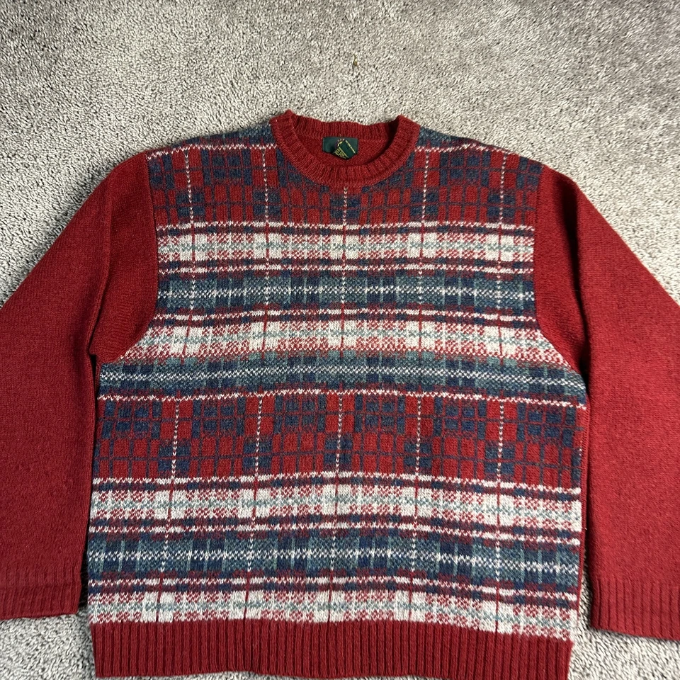 VINTAGE 90s Club Room Sweater Mens Large Red 100% Wool Plaid Crewneck Pullover - Image 3 of 4