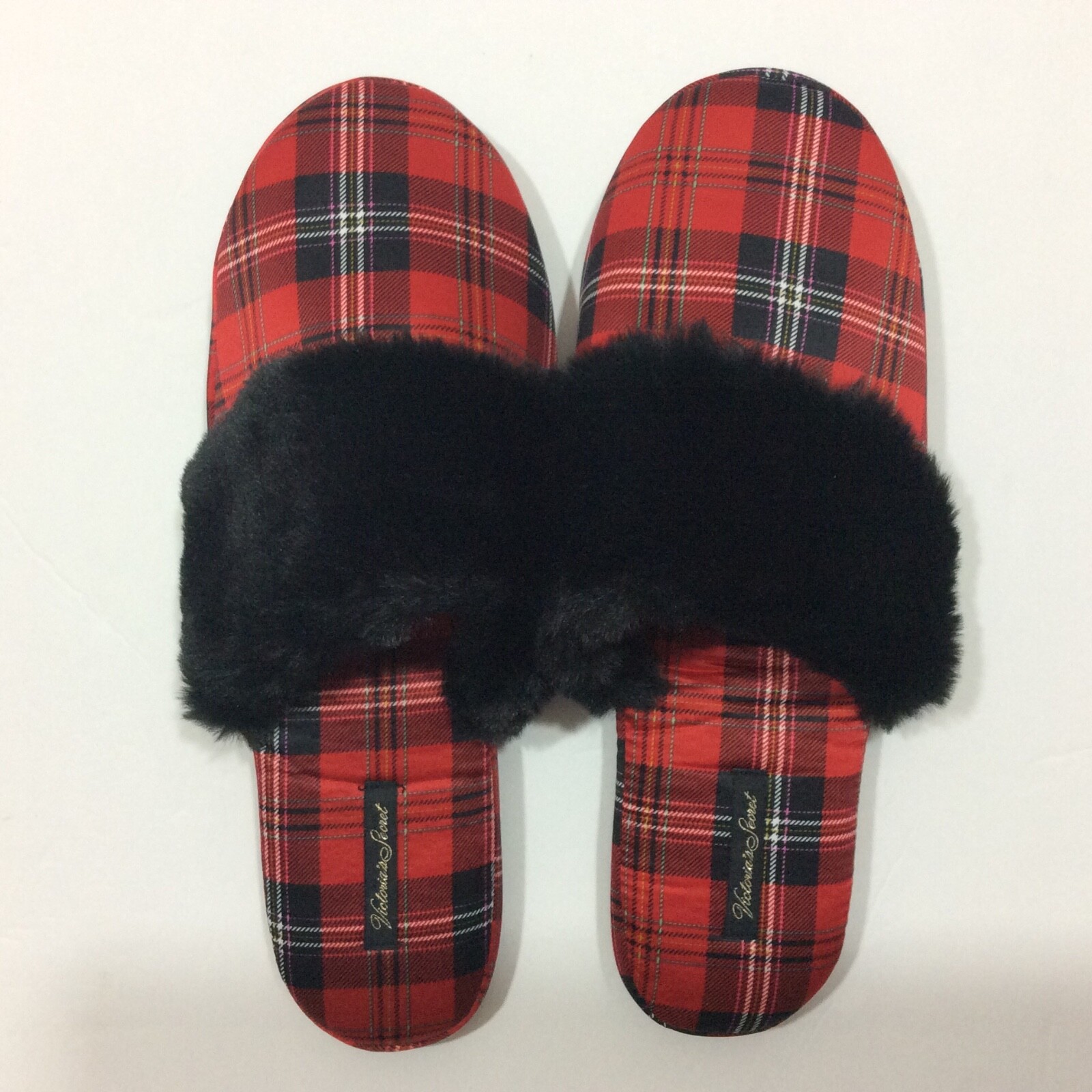 Victoria's Secret Signature Satin Fur Slippers in Red Black Plaid Size L