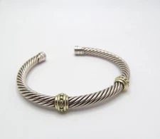 David Yurman 925 Sterling Silver 14K Gold Ball Twist 5mm Cable Cuff Bracelet