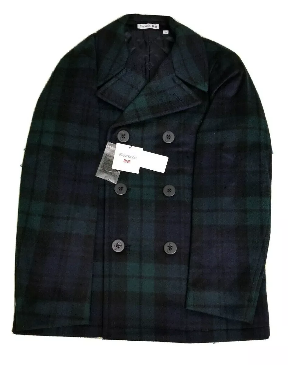 NEW Men s Uniqlo JW Anderson Wool Peacoat Green Blue Plaid Checks