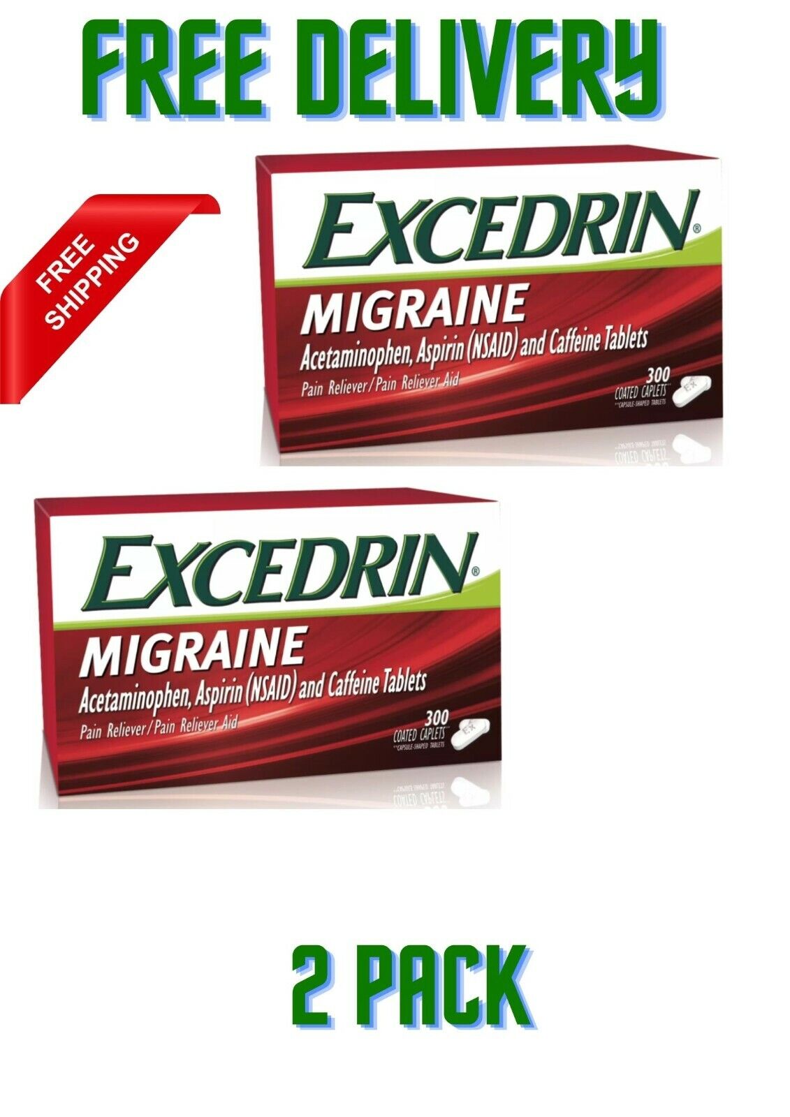 Excedrin Migraine Coated Caplets (300 ct.) 2 PACK free shipping