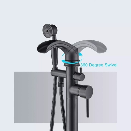 Black Freestanding Bathroom Bathtub Faucet Floor Mount Waterfall Tub Filler Set - Picture 8 of 12
