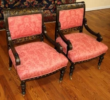19th Century Set of Ebonized Neo Grec Brass Inlaid Parlor Chairs Attr to Herter