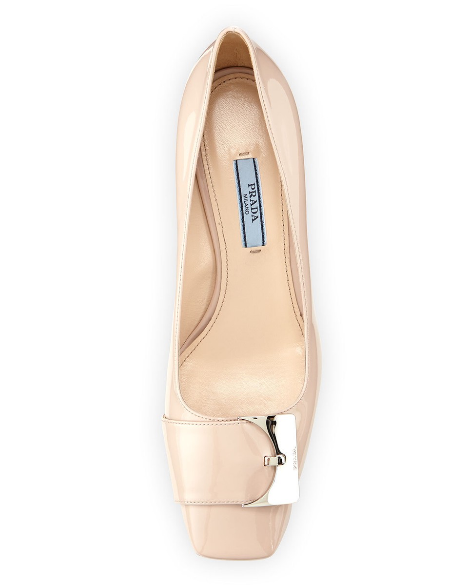 Prada Pumps Nude Beige Patent Leather Low-Heel Buckle Logo