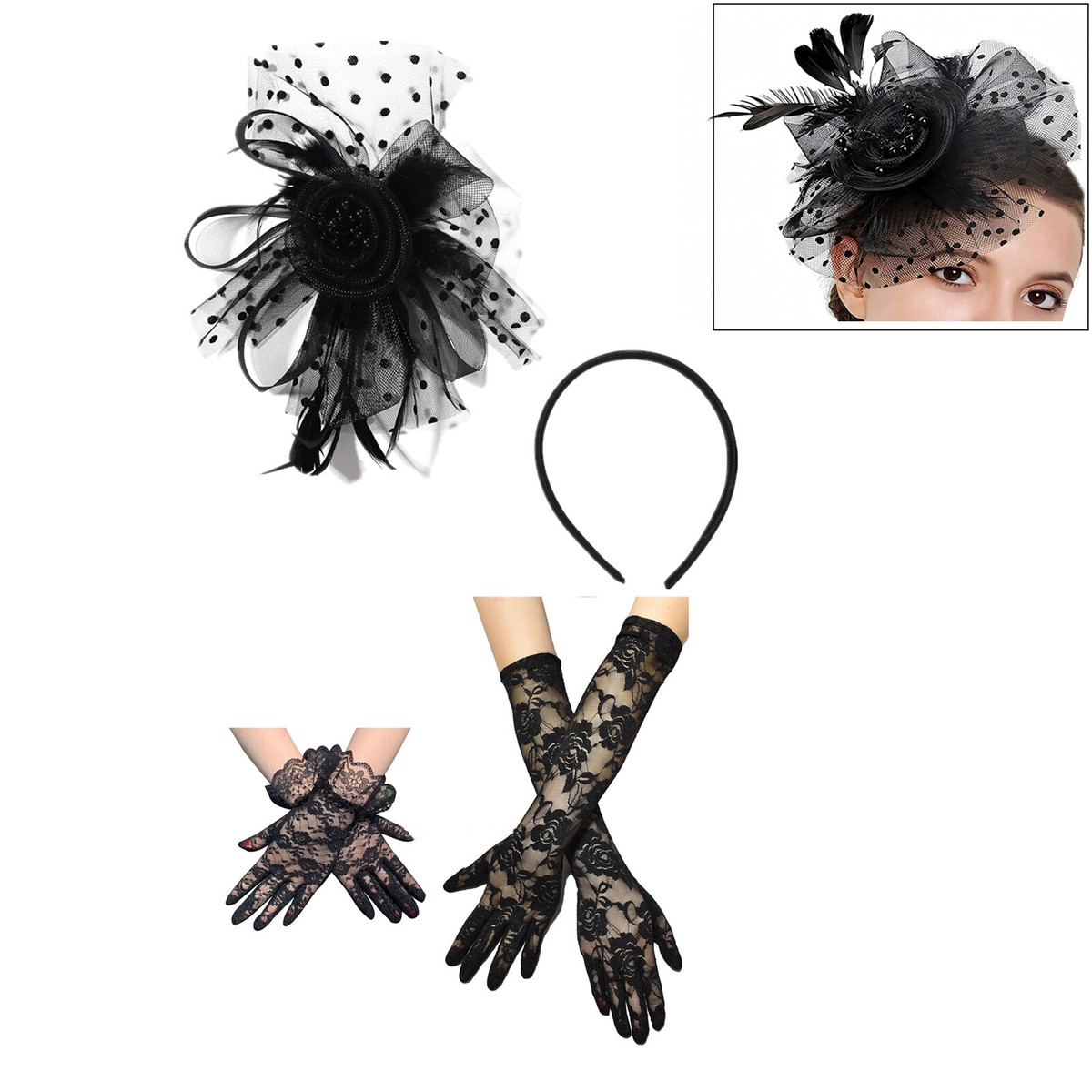 Fascinators Hat Lace Gloves Set Women 1920S Church Kentucky 