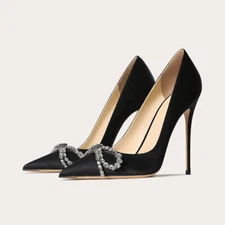 Womens 12cm New Pointed Toes French Thin Heels High Heels Shoes Rhinestone Bow