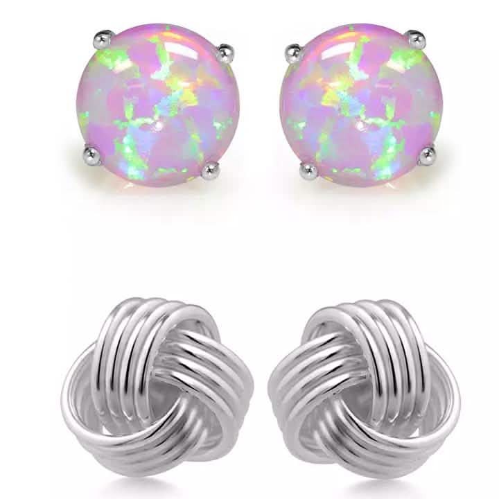 Solid Sterling Silver Love Knot And Pink Opal Earring Set