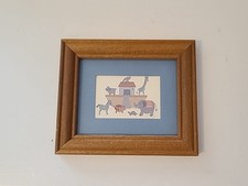 Vintage Noahs Ark Wall Hanging Framed Art Cottage Core Blue Country Nursery 5x6