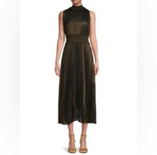Nanette Lepore Black Metallic Gold Pleated Midi Smocked Neck / Waist Size 4