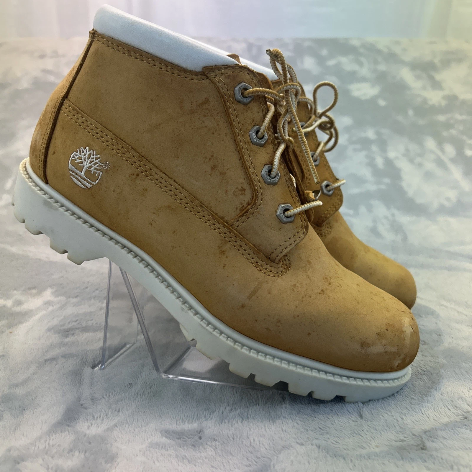 Stivali Timberland donna 9M pelle marrone stringati visibile tomaia macchia ottimo battistrada