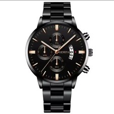 Geneva Orologio Uomo Quarzo Acciaio Inox Nero Orologio da Polso, "Nuovo"
