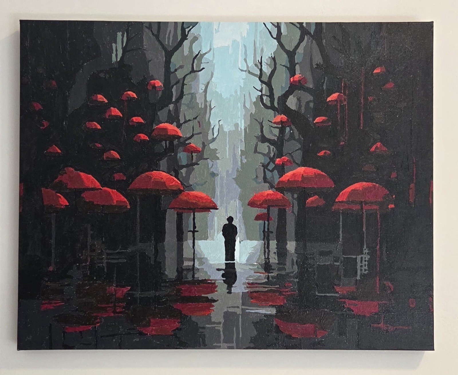 Finished Paint-By-Numbers Art, Figure in Forest w/ Red Umbrellas. 20 x 16 Canvas