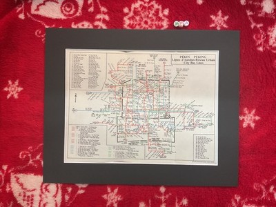 Vintage Karte von China Asien - gerahmt & montiert, selten, PEKING BUS LINIEN