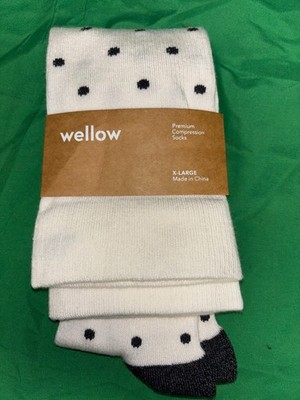 NEW Wellow Bamboo Compression Socks XL White & Polka Dots Knee Length 18-25 mmHg