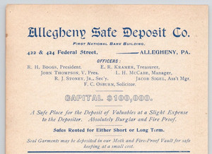 1899 Allegheny Safe Deposit Co Allegheny PA  3"H Print Ad