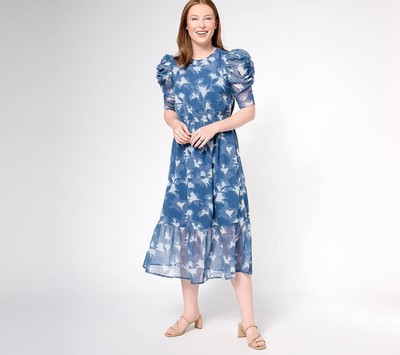 Destination 365 Printed Chiffon Midi Dress, Indigo Floral, Petite Large A614504