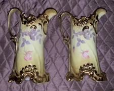 Beautiful Pair Of 12” Vintage Nippon Hand Painted Porcelain Pitchers