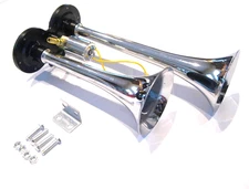 Chrome Metal 12V 120 DB Dual Trumpet Deep LOUD Train Air Two Horn Kit 12 Volt