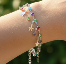Designer Silver Tone Star Bracelet Multicolor Cubic Zirconia Beaded Chain Jewel