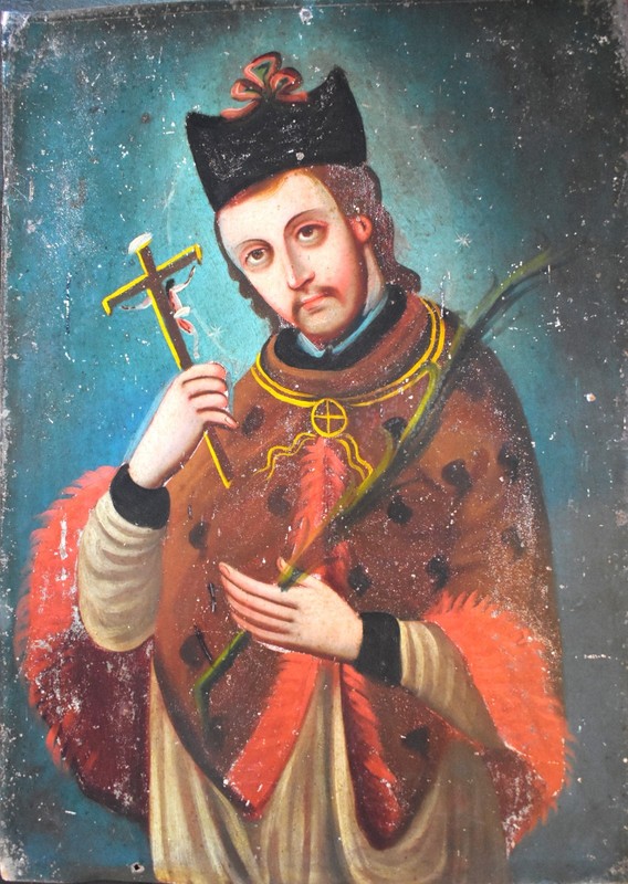 Antique 19th C. Spanish Colonial Painting/Retablo on tin- San Juan Nepomuceno